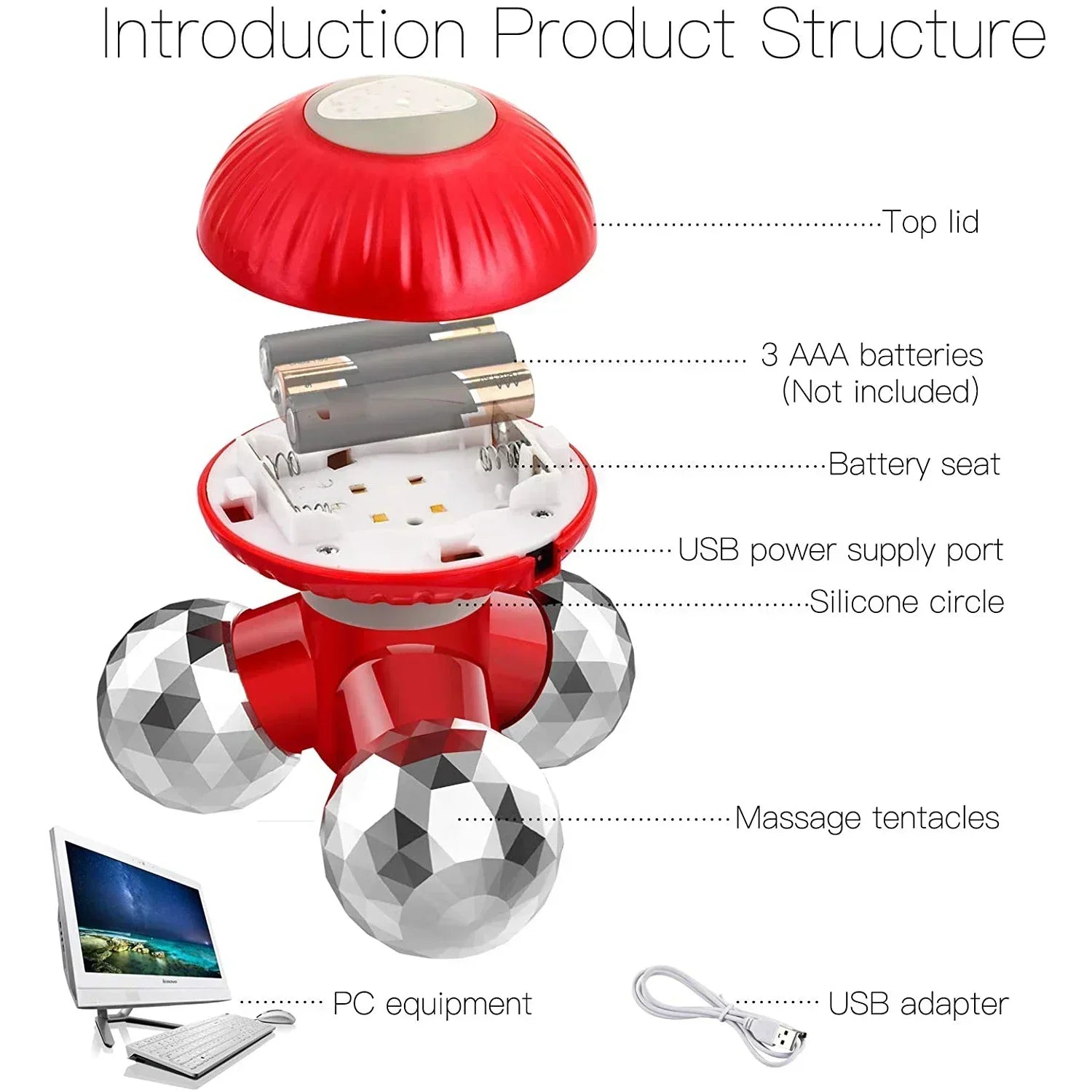 4-in-1 Handheld Vibrating Massager Portable Mini Massager Red