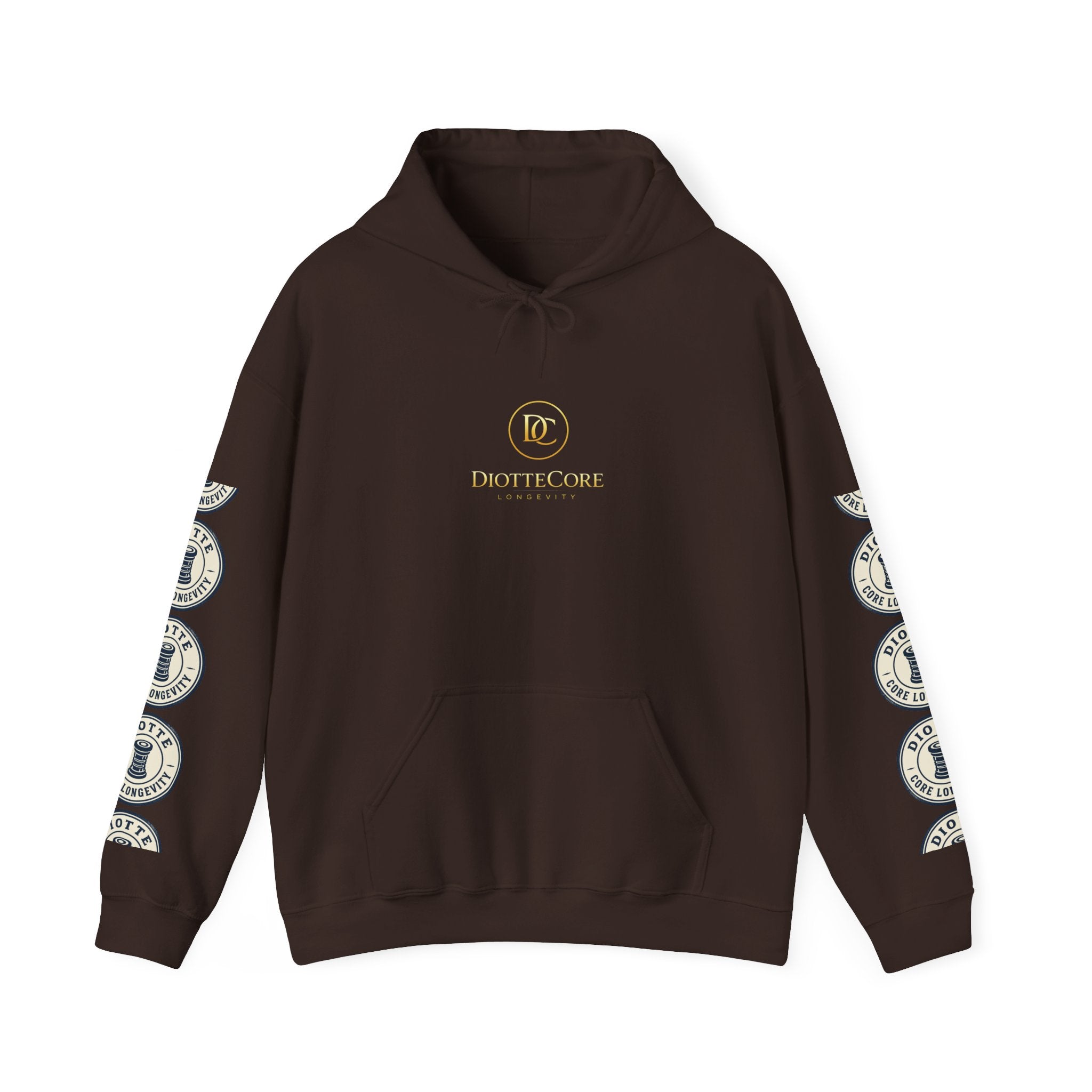 Logo Sleeve Hoodie — Minimalist White Pullover with Circular Emblem Sleeves